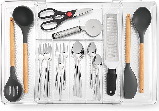 Masirs Expandable Utensil Drawer Organizer - BPA-Free Plastic Clear Silverware Tray with Multiple Compartments - Non-Slip Cutlery Storage for Kitchen, Bathroom, or Office Drawers (Clear)