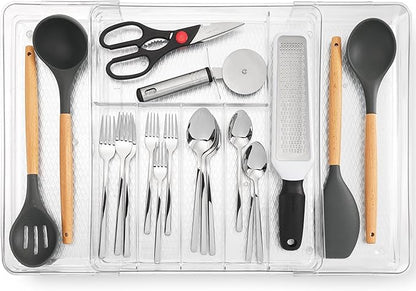 Masirs Expandable Utensil Drawer Organizer - BPA-Free Plastic Clear Silverware Tray with Multiple Compartments - Non-Slip Cutlery Storage for Kitchen, Bathroom, or Office Drawers (Clear)