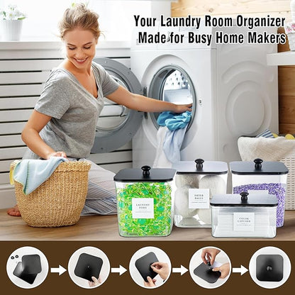 Laundry Room Organization Container, 4pcs Acrylic Laundry Pod Storage Containers, Black Dryer Sheet Holder Jars with Bamboo Lids and Labels for Scent Booster Powder Detergent Pods Storage