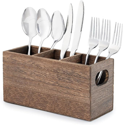 VIVIRBIEN Wooden Silverware Holder, Kitchen Utensil Caddy with 3 Compartments, Cutlery Storage Organizer Countertop, Flatware Organizer for Party, Spoon, Fork Holder