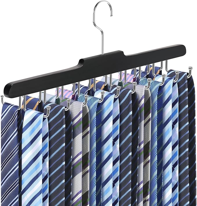 Tie Rack Hanger for Closet Fitnice Upgraded Non Slip Tie Holder Organizer Space Saving with 20 Foldable Hooks Wooden Belt Hanger for Tank Tops Bras Cami Scarves,Black