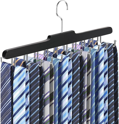 Tie Rack Hanger for Closet Fitnice Upgraded Non Slip Tie Holder Organizer Space Saving with 20 Foldable Hooks Wooden Belt Hanger for Tank Tops Bras Cami Scarves,Black
