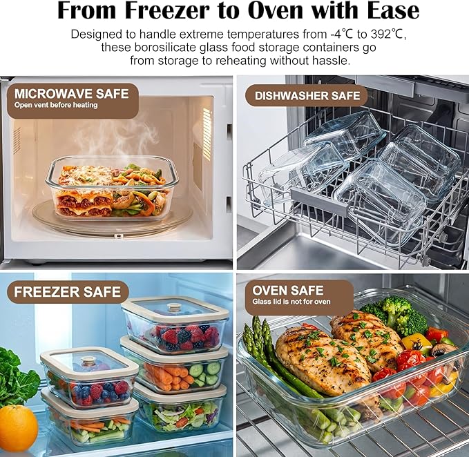 5 Pack 35 oz Glass Meal Prep Containers, Plastic-Free Glass Food Storage Containers with Lids, 4.4 Cups Airtight Glass Lunch Containers for Leftovers, Microwave, Oven, Freezer and Dishwasher