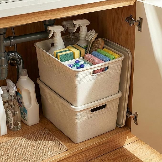 BINO | Plastic Storage Bins with Lids, 22 Liter - 3 Pack, Natural | THE BRAIDED COLLECTION | Plastic Bins for Organization Woven Storage Baskets for Organizing Pantry Shelf Organizer Basket Bin
