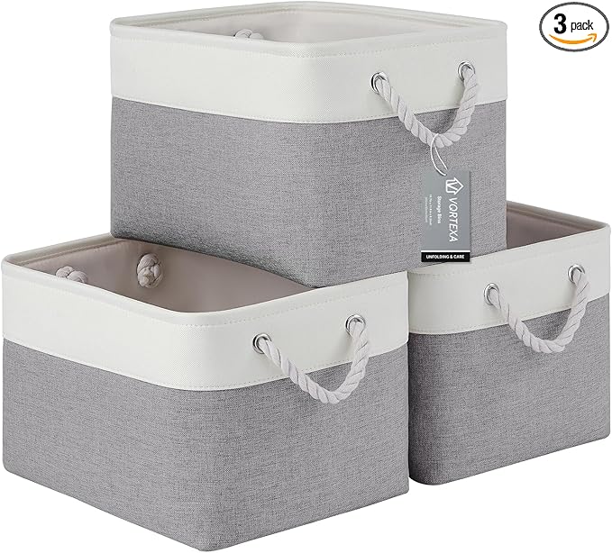Large Storage Baskets- 15x11x10 inch Storage Bins for Shelves and Closet Organizing, Foldable Fabric Bin for Home Organization Clothes and Laundry (3-Pack, White&Gray)