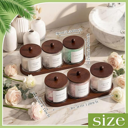 Vesici 6 Pack Bathroom Canisters Ribbed Apothecary Jars with Bamboo Lids 2 Bamboo Trays and 9 Label Stickers Cotton Swabs Holder Bathroom Organizer Storage Set Acrylic 18 oz Dispenser Container(Brown)