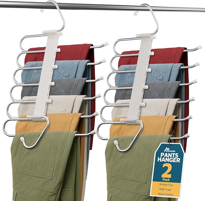 Lifemaster Space Saving Pants Hangers 2 Pack, 6 Layer Jeans Hangers & Closet Organizer for Jeans, Scarves, & Skirts, Multi-Layer Hanger with Anti-Slip Stopper, Heavy-Duty S-Type Stainless Steel, White