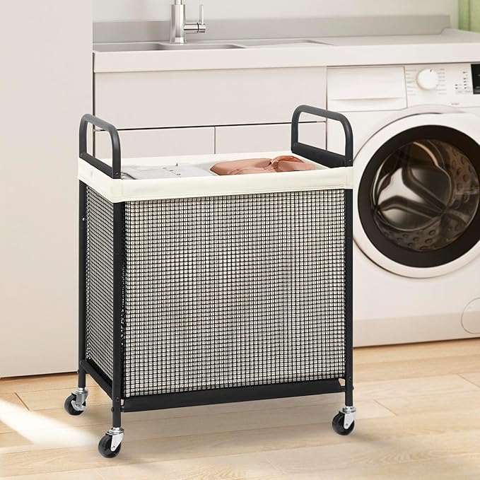 STORAGE MANIAC Rolling Laundry Hamper with Wheels 2-Section Laundry Sorter Rolling Laundrys Basket on Wheels with Removable Bag Clothes Hamper Laundrys Organizer Cart Bathroom Bedroom 100L Beige