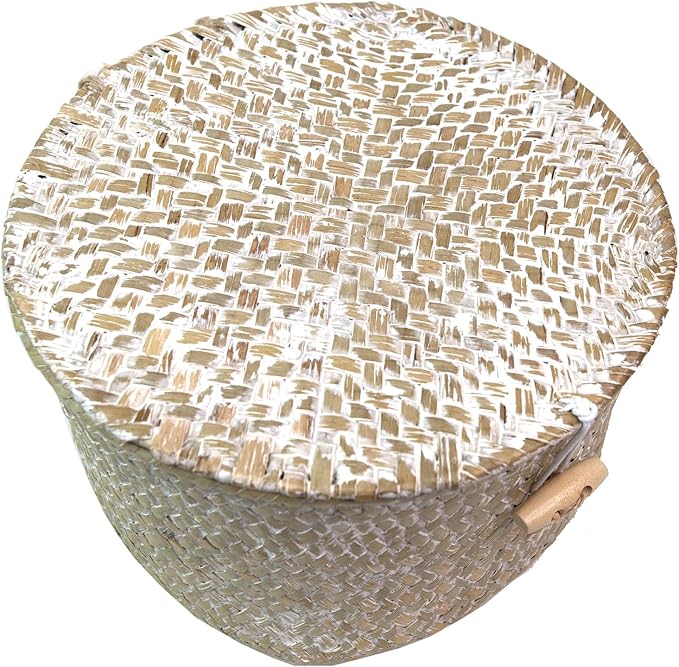 Seagrass Handmade Basket with Lid, Small Round Basket for Storage, Decorative Home Organizer Decor(7"L X 5"H, White)
