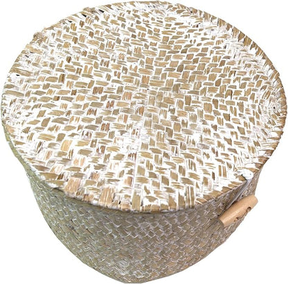 Seagrass Handmade Basket with Lid, Small Round Basket for Storage, Decorative Home Organizer Decor(7"L X 5"H, White)