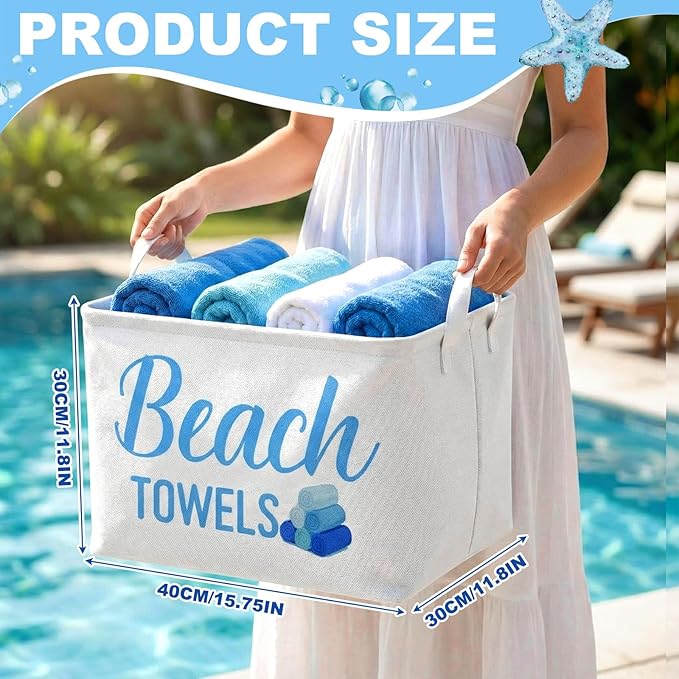 Yungyan Beach Towel Storage Basket Bin and Organizer Large Pool Beach Towel Storage Basket Gift Waterproof Canvas Cube with Handle for Outdoor Summer Seaside Home Clothes Book Toys Organization