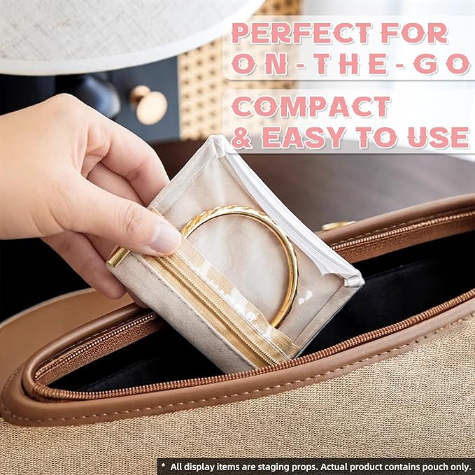 Jewelry Organizer Storage Pouches, Travel Jewelry Organizer Velvet Jewelry Pouch with Zipper Clear Travel Jewelry Bag for Travel Business Trip Mother‘s Day Gift for Mom Wife Women (Beige-12Pcs)