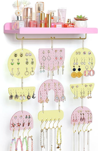 Keebofly Wall Mounted Jewelry Organizer, Hanging Earring Holder with Wood Shelf & Necklace Hooks, Acrylic Pegboard Earring Display Rack for 100+ Pairs Studs, Hoops & Dangles, Decorative Storage, Pink