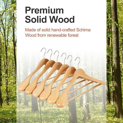 TOPIA HANGER Wide Shoulder Wooden Hangers, Suit Hangers with Non Slip Pants Bar & 360° Swivel Hook, Solid Wood Heavy Duty Coat Hanger, 6 Pack (Natural)-CT02NA
