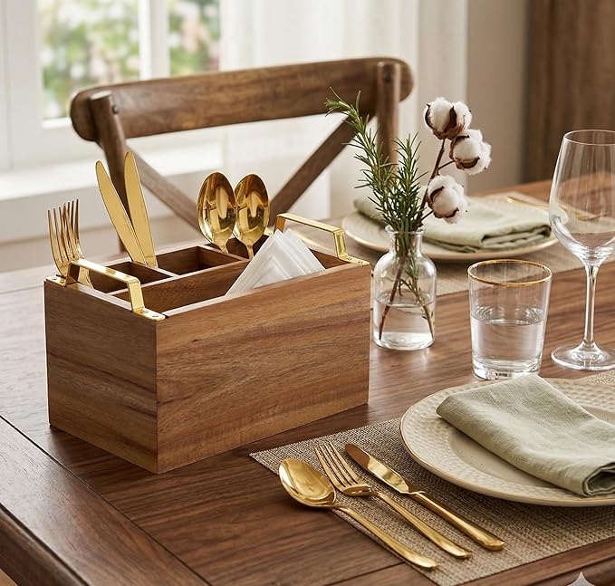 Acacia Wood Flatware Caddy - 4 Compartment Silverware Utensil Holder with Golden Metal Handles - 10" W x 6" D x 6.5" H, 2 lbs