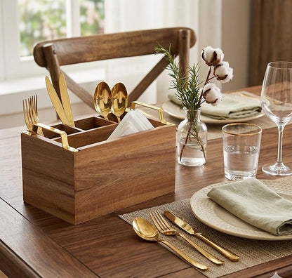 Acacia Wood Flatware Caddy - 4 Compartment Silverware Utensil Holder with Golden Metal Handles - 10" W x 6" D x 6.5" H, 2 lbs