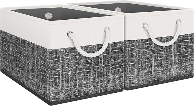Fab totes Storage Bins 2-Pack, Foldable Storage Baskets for Organizing Toys, Books, Shelves, Closet, Large Storage Box with Rope Handles, Sturdy Organizer Bins, White & Black