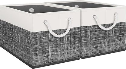 Fab totes Storage Bins 2-Pack, Foldable Storage Baskets for Organizing Toys, Books, Shelves, Closet, Large Storage Box with Rope Handles, Sturdy Organizer Bins, White & Black