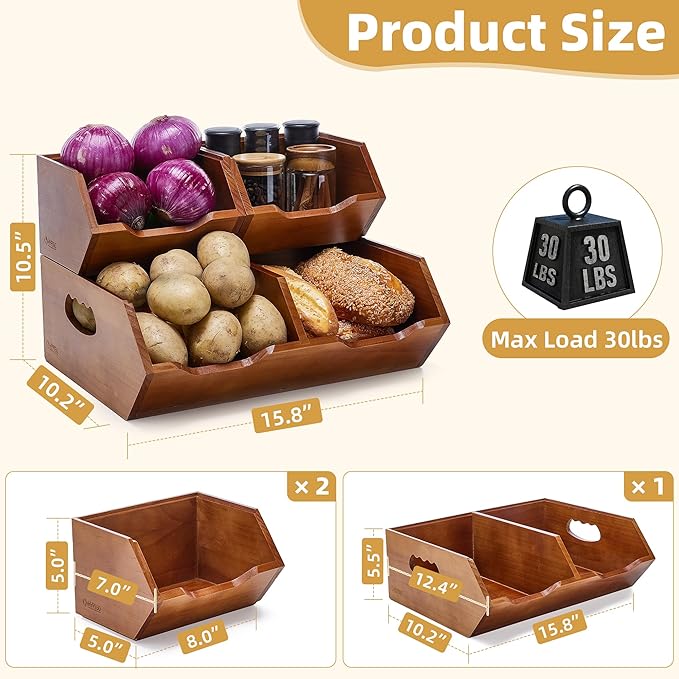 HYPIGO Wood Pantry Storage Baskets, Stackable Large Capacity Potato and Onion Storage Bins, Kitchen Pantry Organizers for Vegetables, Bread, Spices (Set of 3)