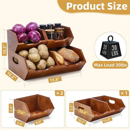 HYPIGO Wood Pantry Storage Baskets, Stackable Large Capacity Potato and Onion Storage Bins, Kitchen Pantry Organizers for Vegetables, Bread, Spices (Set of 3)