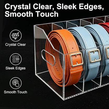 Acrylic Belt Organizer for Closet – 7-Compartment Clear Storage Holder for Belts, Ties, and Bow Ties – Display Case for Shelf or Drawer Organization(Large)
