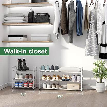kiplant White Shoe Rack for Closet, 3-Tier Expandable Shoe Organizer for Closet, Metal Adjustable Black Shoe Shelf Storage Organizer, Free Standing Shoe Rack for Entryway Doorway