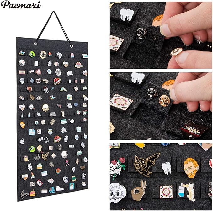 PACMAXI Hanging Brooch Pin Organizer, Display Pins Storage Case, Brooch Collection Storage Holder, Holds Up to 96 Pins.(Not Include Any Accessories) (M-170 Slots, Dark gray, Medium)