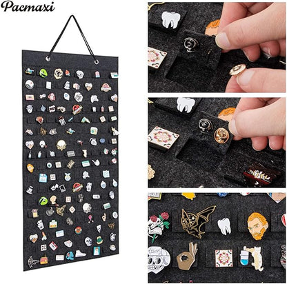 PACMAXI Hanging Brooch Pin Organizer, Display Pins Storage Case, Brooch Collection Storage Holder, Holds Up to 96 Pins.(Not Include Any Accessories) (M-170 Slots, Dark gray, Medium)