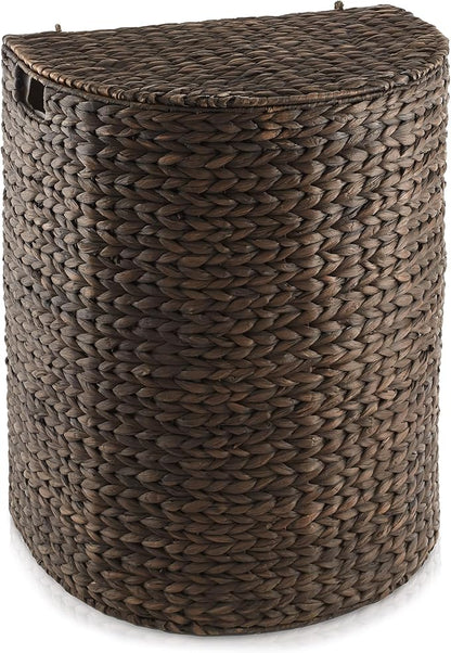 Casafield Half Moon Laundry Hamper with Lid and Removable Liner Bag - Espresso Dark Brown, Woven Water Hyacinth Laundry Basket for Clothes and Towels