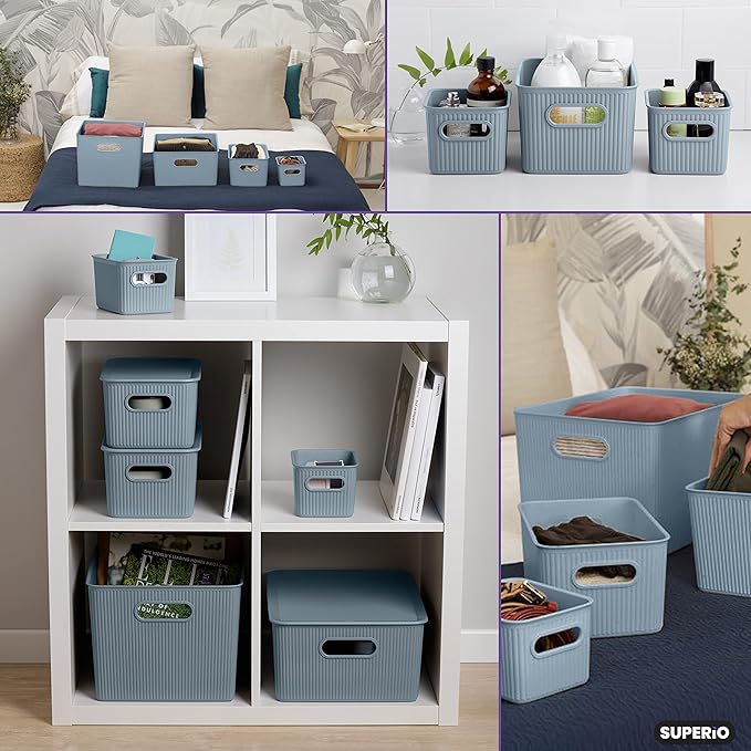 Decorative Plastic Basket Lidded Home Storage Bins Organizer Baskets, Medium Blue (1 Pack - 5 Liter) Stackable Container Box, for Organizing Closet Storage Bins for Shelves - Ribbed Collection