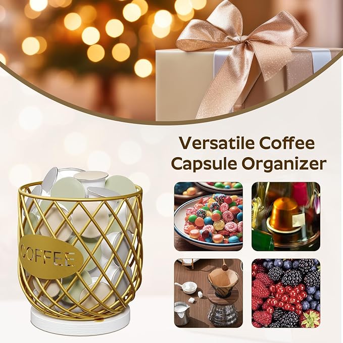 YATINEY Coffee Pod Holder Organizer, Holder for K Cup, Large Capacity Coffee Pod Basket, Versatile Coffee Capsule Storage Organizer, for Kitchen Countertop, Gold and White KH09DW