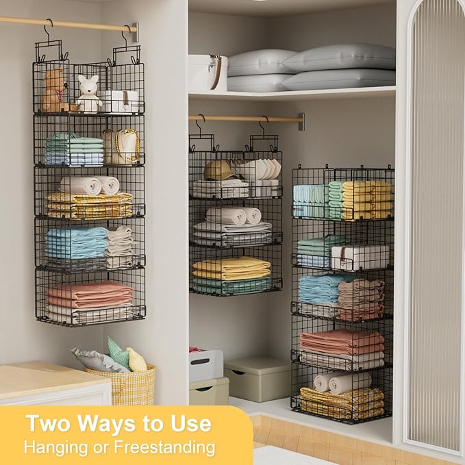VyGrow 5 Tier Hanging Closet Organizer with Adjustable Dividers, Heavy-Duty Storage Shelves for Clothing, Kitchen, Laundry Room, Extra Large Baskets, 15.7" W x 11.8" D x 51" H, Black