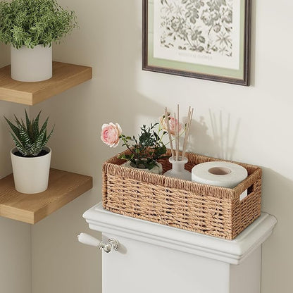 Vagusicc Wicker Storage Basket, Set of 2 Hand-Woven Paper Rope Wicker Baskets for Organizing Decor Storage Bins for Counter Shelves Pantry Basket Small Toilet Paper Basket for Toilet Tank Top, Natural
