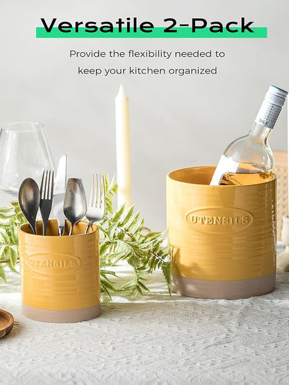 YHOSSEUN Kitchen Utensil Holder Set of 2, Ceramic Utensil Holder for Kitchen Counter, 6.7"+5.1" Cooking Utensil Crocks for Spatula, Oval Opening, Yellow