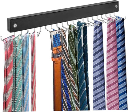 Tie Rack Hanger for Closet, Tie Rack, 14" Wall Mounted Belt Hanger with 20 Rotating Hooks, Hats Scarf Belt Organizer for Closet - Organizer for Men