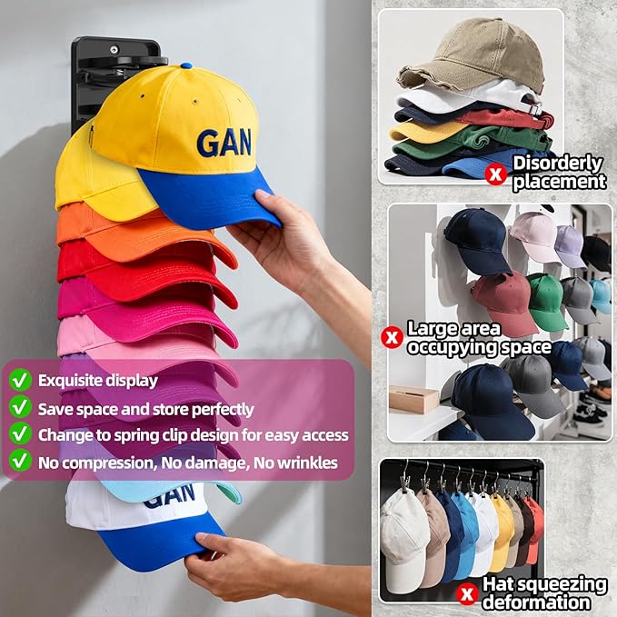 Spring Clip Hat Organizer for Baseball Caps – 2 Pack, Wall Hat Rack for Door & Closet – Keeps 20 Hats Tidy in Entryway, Dorm, Bedroom – Multi-Layer Cap Storage (Adhesive or Screws)