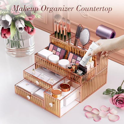 Youdepot Makeup Organizer Golden- Tempered Glass Vanity Organizer for Cosmetics, Skincare, Hair Tools, Brushes, Perfume - Multipurpose Bathroom Counter Skincare Organizer