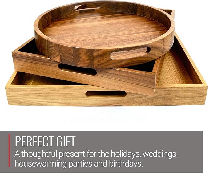 Virginia Boys Kitchens Round Serving Tray – 16.5 Inch Walnut Wood Platter with Handles - Perfect for Serving or Centerpiece Display on Ottoman and Coffee Table
