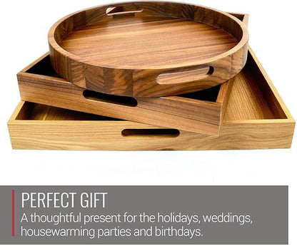 Virginia Boys Kitchens Round Serving Tray – 16.5 Inch Walnut Wood Platter with Handles - Perfect for Serving or Centerpiece Display on Ottoman and Coffee Table