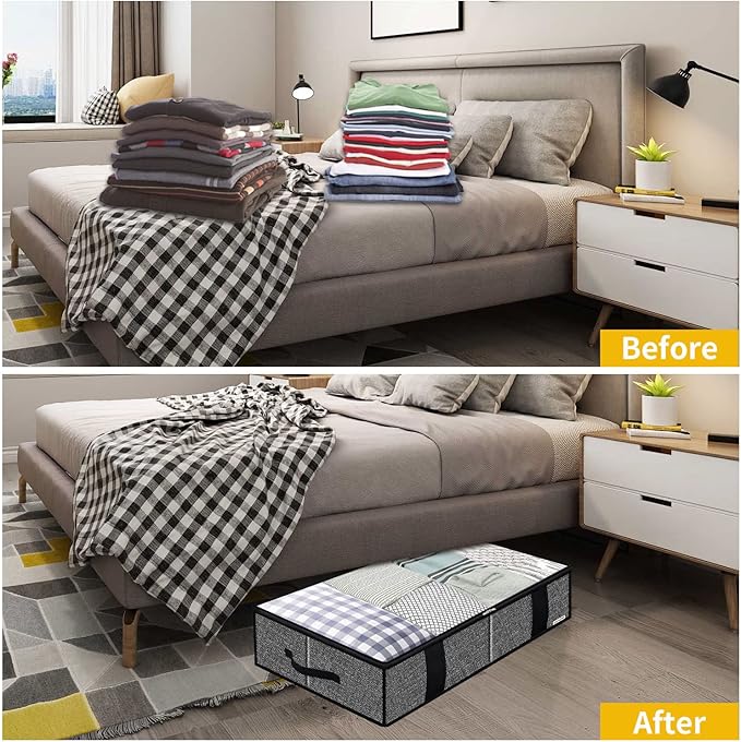 Onlyeasy Underbed Fabric Storage Bags Organizer with 4 Handles, 2 Zippers and Large Clear Window, for Clothes, Blankets, Bedding, Foldable with Sturdy Structure, 2 Pack, Linen-like Black, MXAUBBSS2P