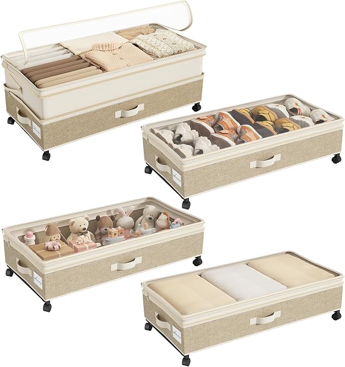 Kitstorack 4 Pack Height-adjustable Under Bed Storage with Wheels, Under Bed Storage Containers,Under Bed Shoe Storage Organizer with Clear Window&Label, Suitable for Clothes Storage, Beige & Linen