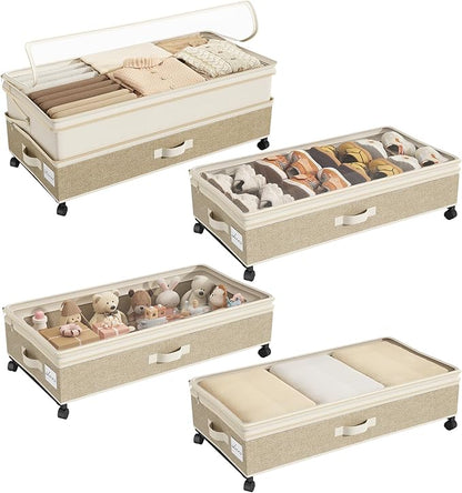 Kitstorack 4 Pack Height-adjustable Under Bed Storage with Wheels, Under Bed Storage Containers,Under Bed Shoe Storage Organizer with Clear Window&Label, Suitable for Clothes Storage, Beige & Linen