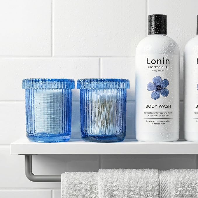 2 Pack Qtip Holder - Apothecary Jars with Lids, Bathroom Organizers and Storage Canister for Cotton Balls,Swabs,Floss Picks,Hair Ties,Clear Glass Vintage Bathroom Decor Jar Set (Blue2)