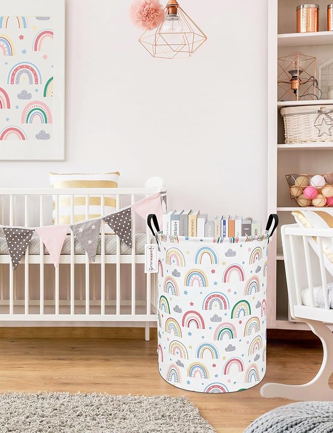 QUEENLALA Large Storage Basket,Laundry Hamper/Bathroom/Home Decor/Collapsible Round Storage Bin,Boys and Girls Hamper/Boxes/Clothing（Round-Rainbow）