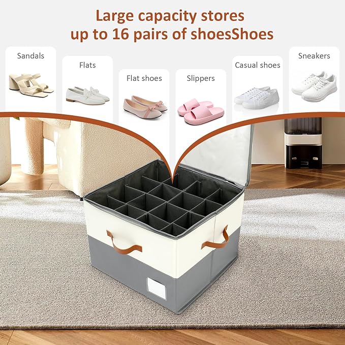 Shoe Organizer for Closet, Foldable Shoe Storage Bins with Clear Cover, Large Adjustable Shoe Box Storage Containers, Fits 8-16 Pairs, Space Saving Shoe Organizer Container for Sneakers Boots, Grey