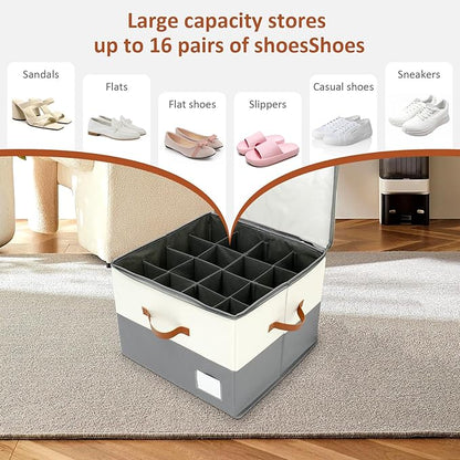 Shoe Organizer for Closet, Foldable Shoe Storage Bins with Clear Cover, Large Adjustable Shoe Box Storage Containers, Fits 8-16 Pairs, Space Saving Shoe Organizer Container for Sneakers Boots, Grey