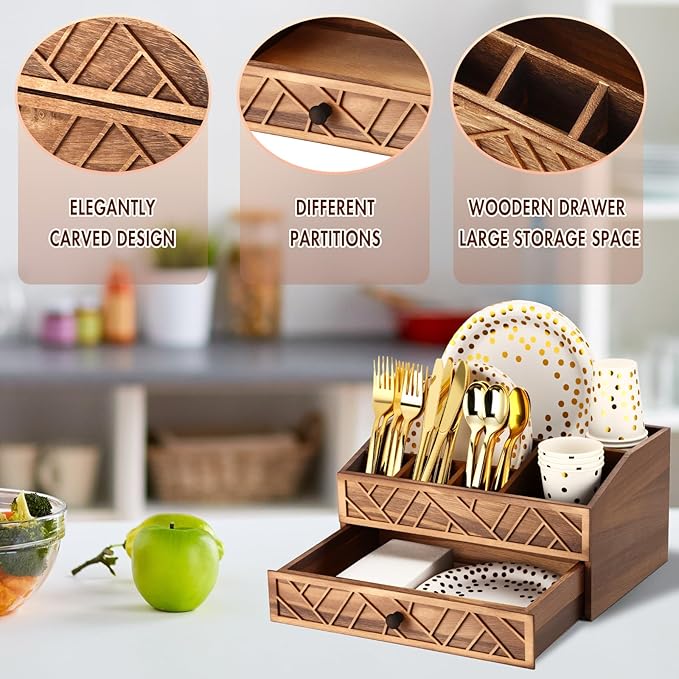 Marsui Paper Plate Dispenser, Wood Rustic Paper Plate Holder for Countertop with Drawer Silverware Utensil Caddy, Cutlery Flatware Organizer for Spoon Fork Napkins Kitchen Parties(Wood-burned Brown)