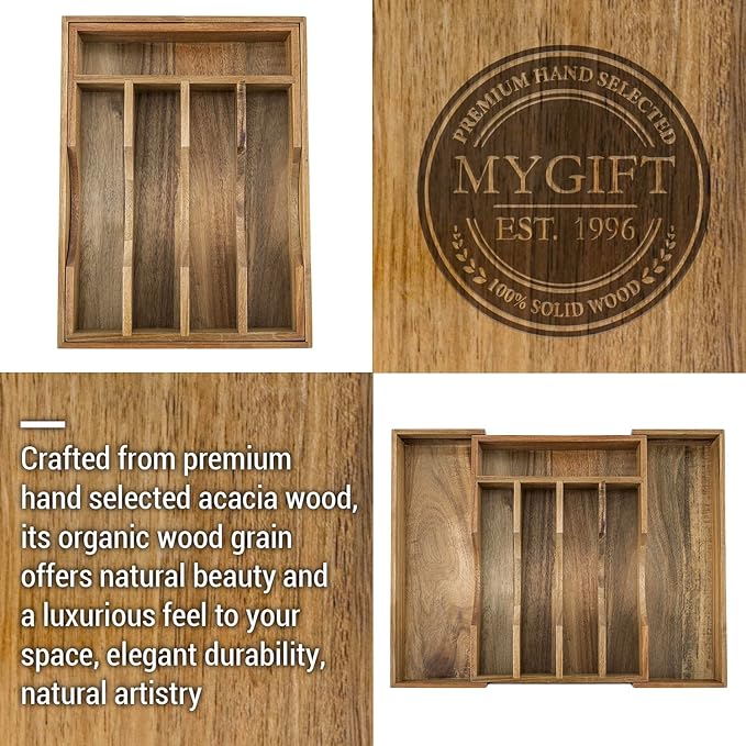 MyGift Expandable Premium Acacia Wood Kitchen Drawer Organizer – Adjustable Flatware, Silverware, Cutlery and Utensil Storage Tray for Kitchen Drawers