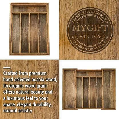 MyGift Expandable Premium Acacia Wood Kitchen Drawer Organizer – Adjustable Flatware, Silverware, Cutlery and Utensil Storage Tray for Kitchen Drawers