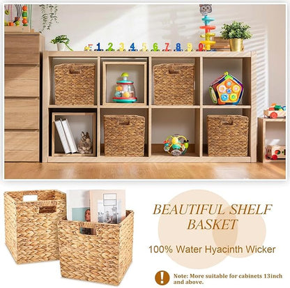 Jinei 12 Pcs Wicker Storage Basket Bulk 12 x 12 x 12 Inch Handwoven Water Hyacinth Cube Bin with Handles Woven Laundry for Organizer Shelves Wood Color